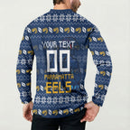 Personalized Parramatta Eels Christmas Button Sweatshirt Australian Rugby Fans - Pixelated Ugly Xmas Pattern Mascot Santa
