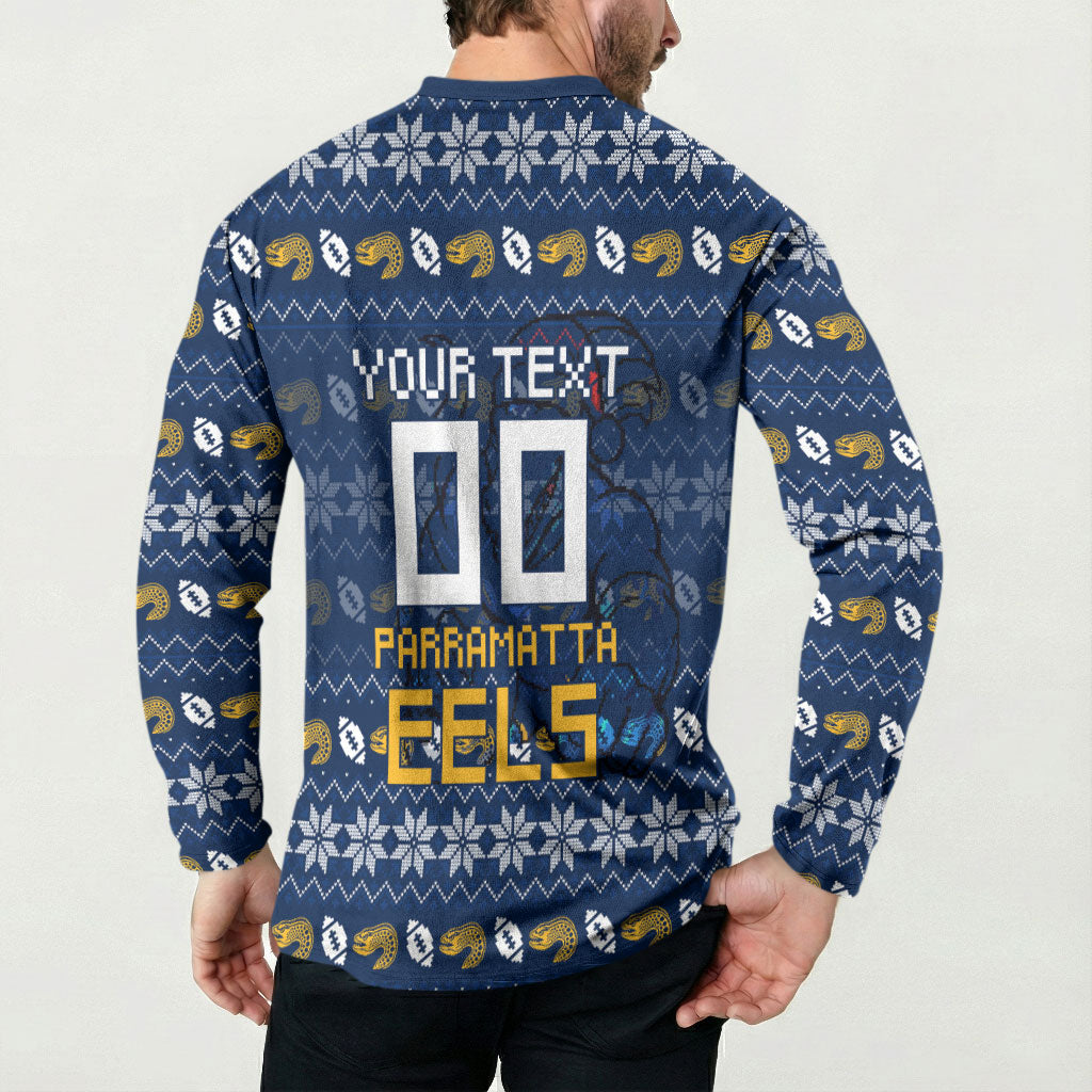Personalized Parramatta Eels Christmas Button Sweatshirt Australian Rugby Fans - Pixelated Ugly Xmas Pattern Mascot Santa