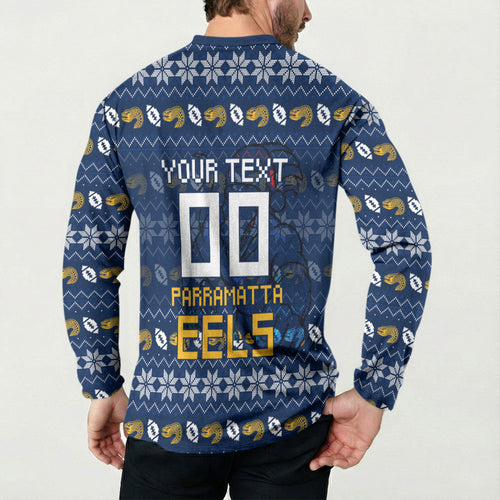 Personalized Parramatta Eels Christmas Button Sweatshirt Australian Rugby Fans - Pixelated Ugly Xmas Pattern Mascot Santa