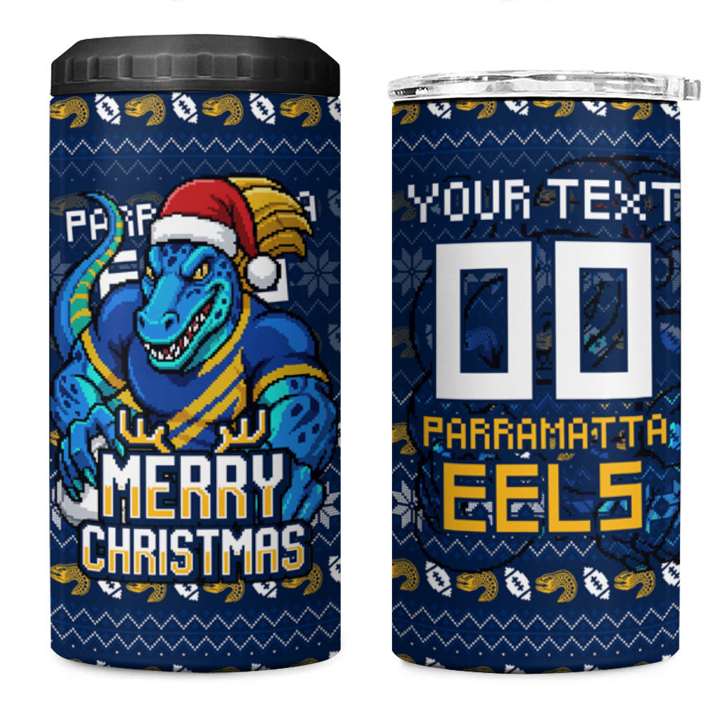 Personalized Parramatta Eels Christmas 4 in 1 Can Cooler Tumbler Australian Rugby Fans - Pixelated Ugly Xmas Pattern Mascot Santa