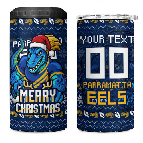 Personalized Parramatta Eels Christmas 4 in 1 Can Cooler Tumbler Australian Rugby Fans - Pixelated Ugly Xmas Pattern Mascot Santa
