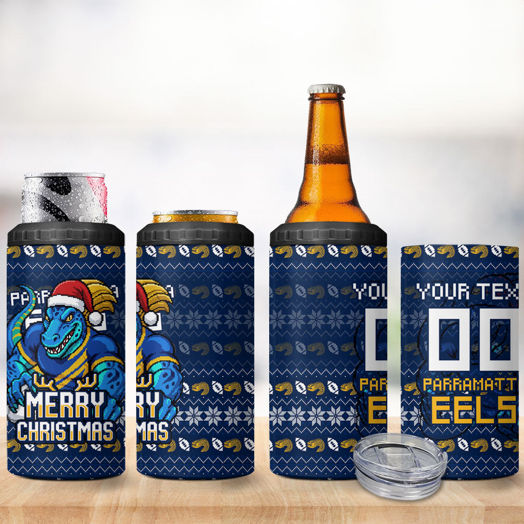Personalized Parramatta Eels Christmas 4 in 1 Can Cooler Tumbler Australian Rugby Fans - Pixelated Ugly Xmas Pattern Mascot Santa
