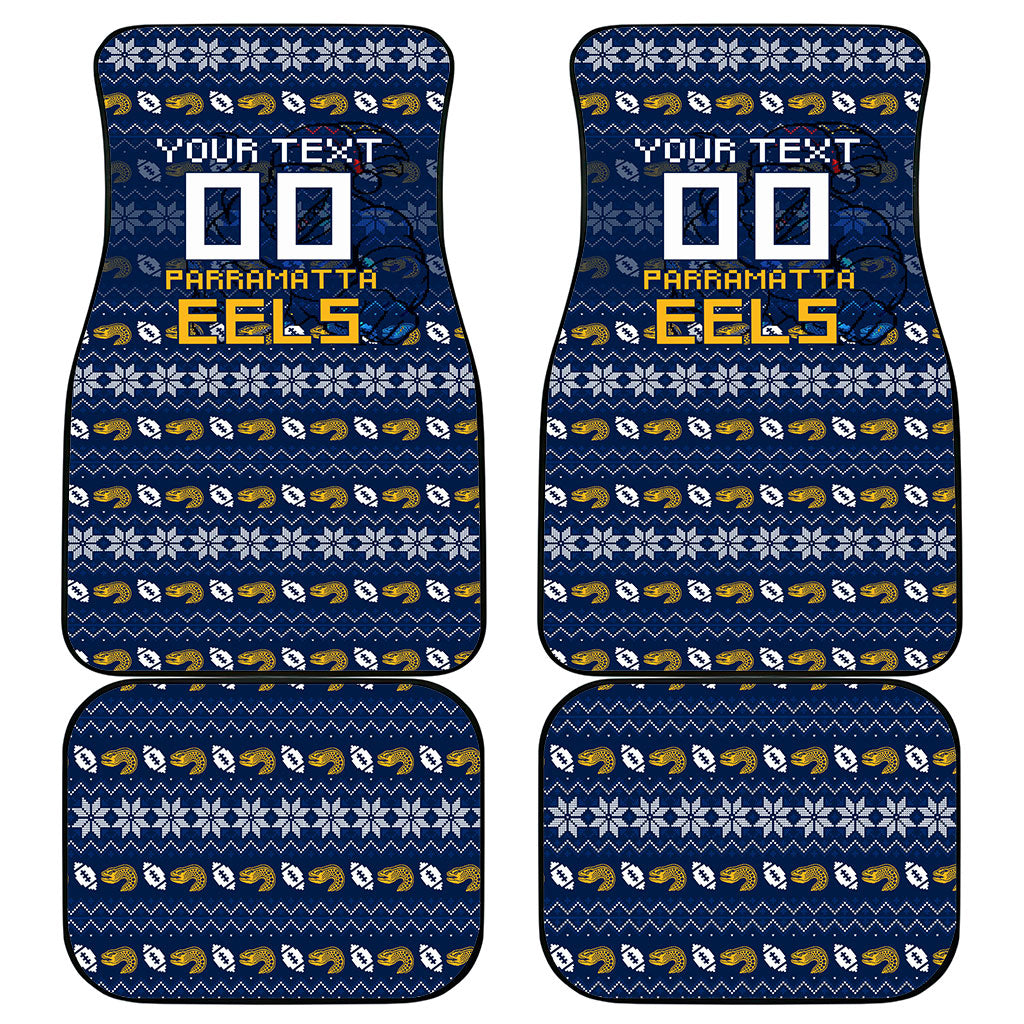 Personalized Parramatta Eels Christmas Car Mats Australian Rugby Fans - Pixelated Ugly Xmas Pattern Mascot Santa