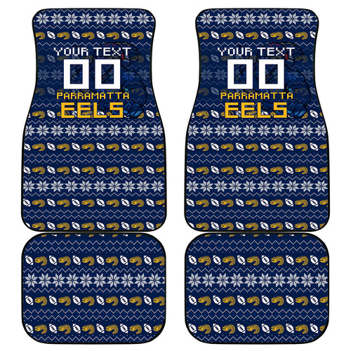 Personalized Parramatta Eels Christmas Car Mats Australian Rugby Fans - Pixelated Ugly Xmas Pattern Mascot Santa