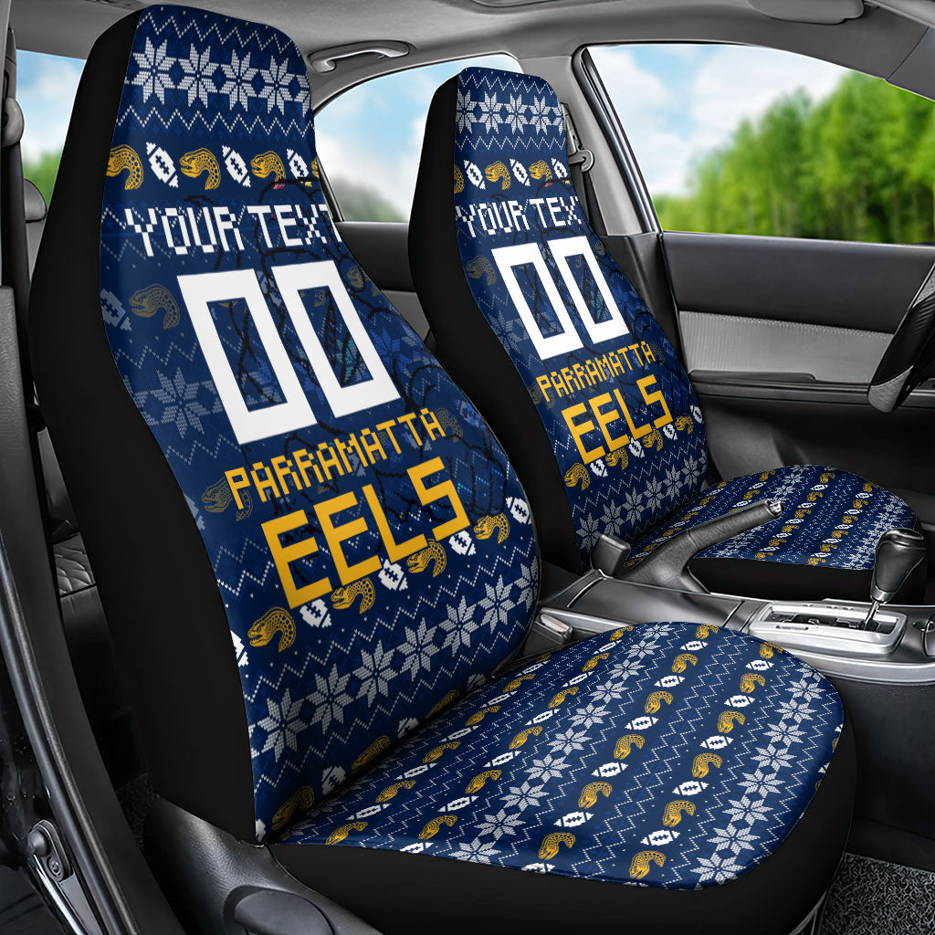 Personalized Parramatta Eels Christmas Car Seat Cover Australian Rugby Fans - Pixelated Ugly Xmas Pattern Mascot Santa
