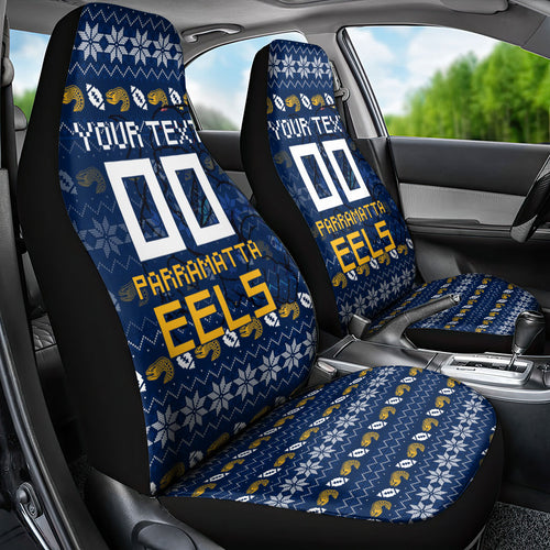 Personalized Parramatta Eels Christmas Car Seat Cover Australian Rugby Fans - Pixelated Ugly Xmas Pattern Mascot Santa