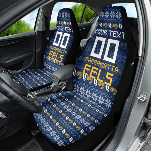 Personalized Parramatta Eels Christmas Car Seat Cover Australian Rugby Fans - Pixelated Ugly Xmas Pattern Mascot Santa
