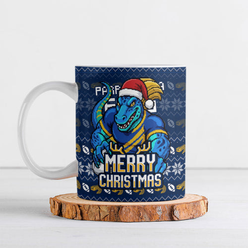 Personalized Parramatta Eels Christmas Ceramic Mug Australian Rugby Fans - Pixelated Ugly Xmas Pattern Mascot Santa