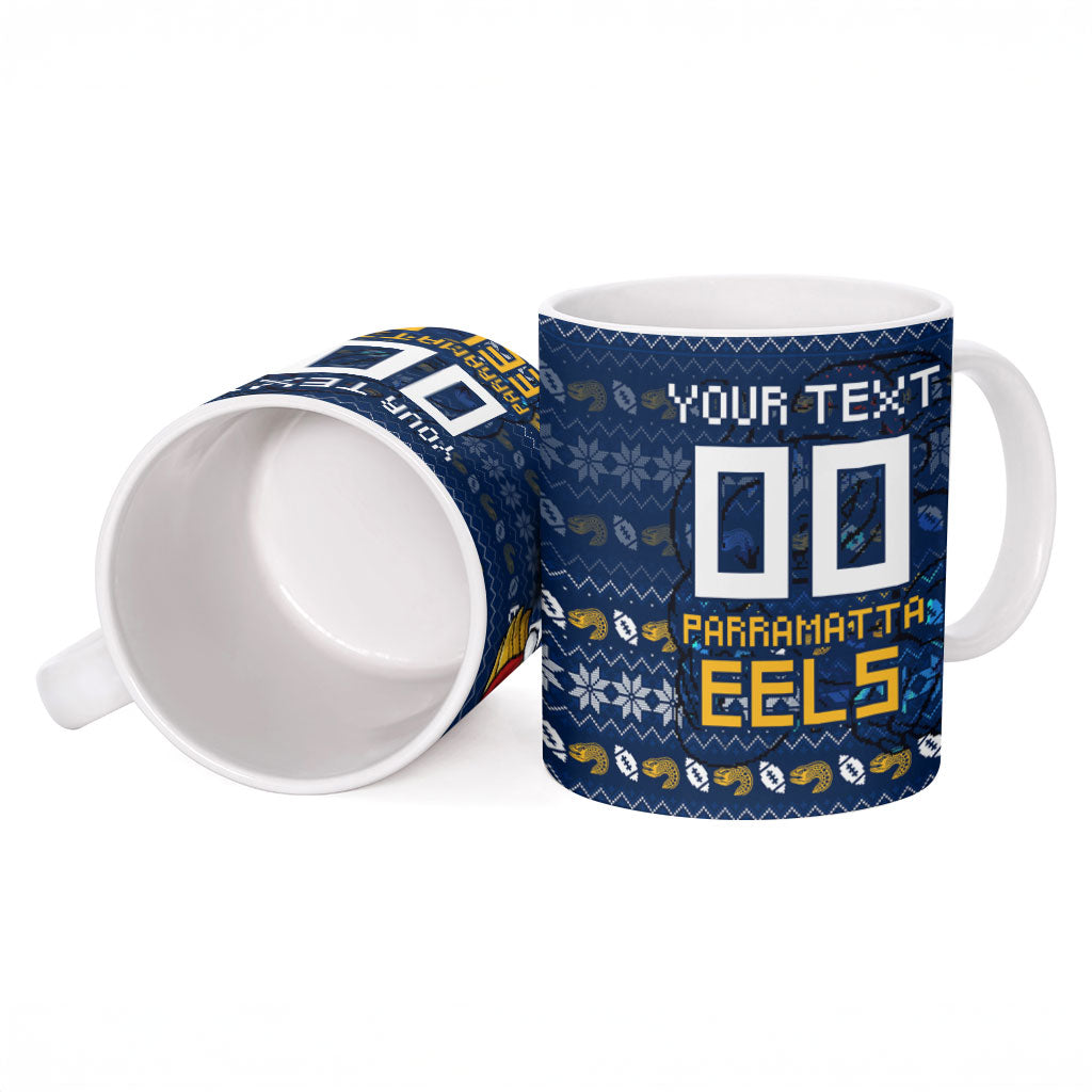 Personalized Parramatta Eels Christmas Ceramic Mug Australian Rugby Fans - Pixelated Ugly Xmas Pattern Mascot Santa