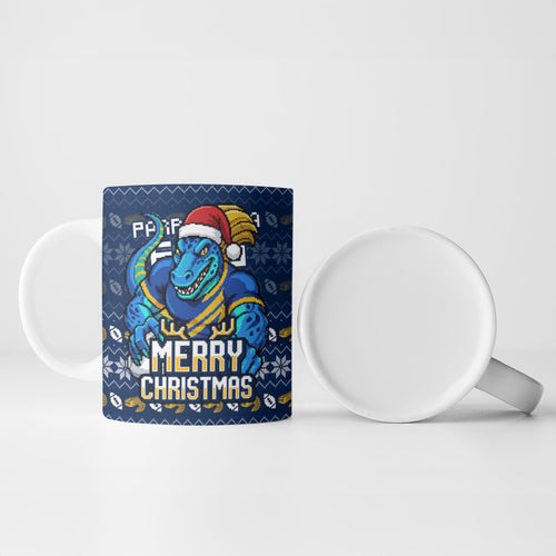 Personalized Parramatta Eels Christmas Ceramic Mug Australian Rugby Fans - Pixelated Ugly Xmas Pattern Mascot Santa