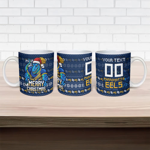 Personalized Parramatta Eels Christmas Ceramic Mug Australian Rugby Fans - Pixelated Ugly Xmas Pattern Mascot Santa