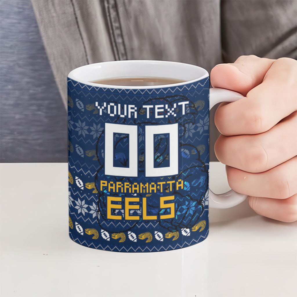 Personalized Parramatta Eels Christmas Ceramic Mug Australian Rugby Fans - Pixelated Ugly Xmas Pattern Mascot Santa