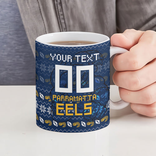 Personalized Parramatta Eels Christmas Ceramic Mug Australian Rugby Fans - Pixelated Ugly Xmas Pattern Mascot Santa