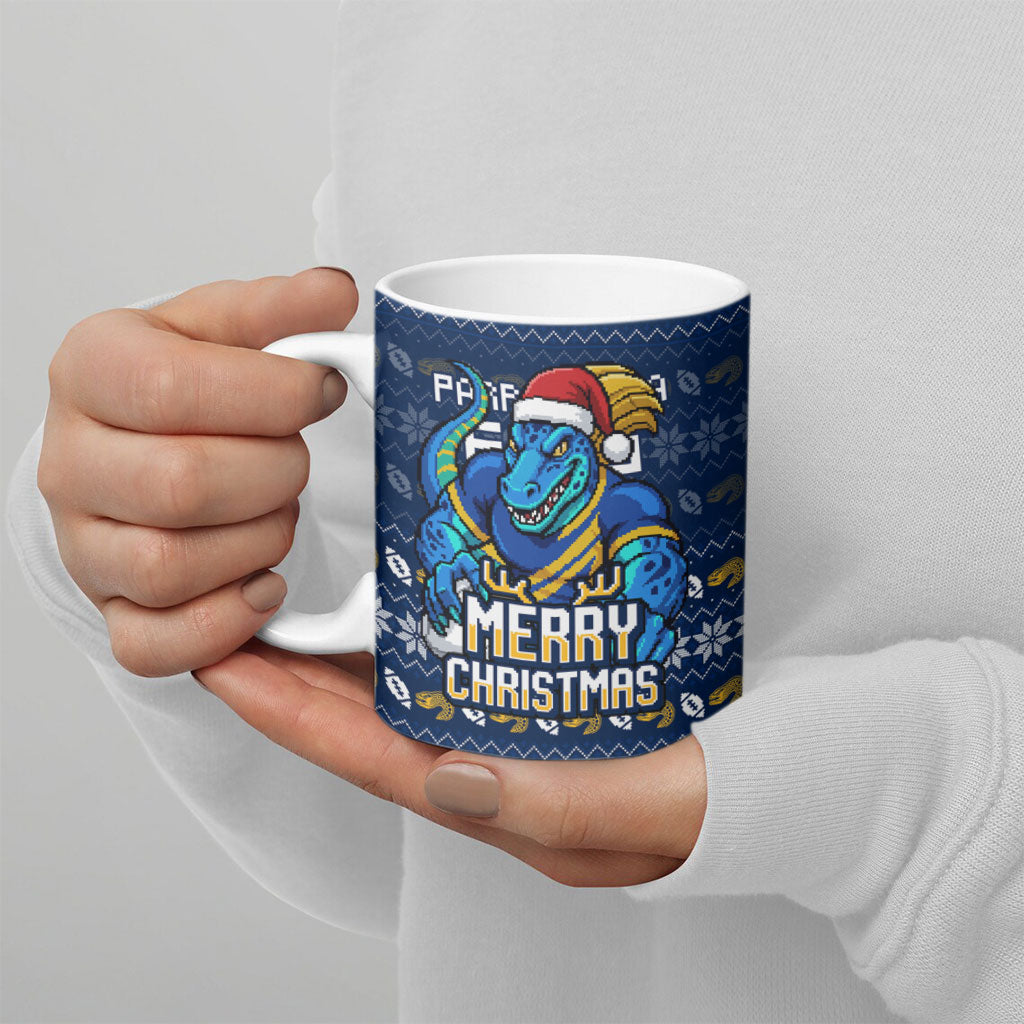 Personalized Parramatta Eels Christmas Ceramic Mug Australian Rugby Fans - Pixelated Ugly Xmas Pattern Mascot Santa