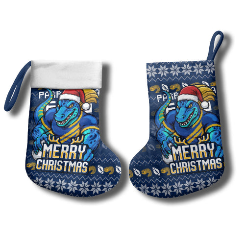 Parramatta Eels Christmas Stocking Australian Rugby Fans - Pixelated Ugly Xmas Pattern Mascot Santa