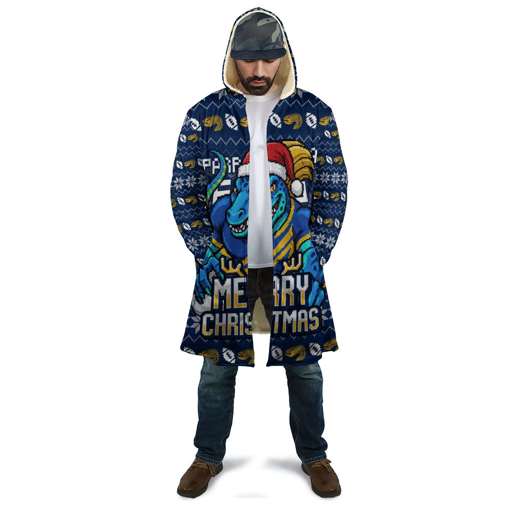 Personalized Parramatta Eels Christmas Cloak Australian Rugby Fans - Pixelated Ugly Xmas Pattern Mascot Santa