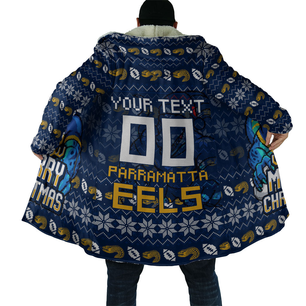 Personalized Parramatta Eels Christmas Cloak Australian Rugby Fans - Pixelated Ugly Xmas Pattern Mascot Santa