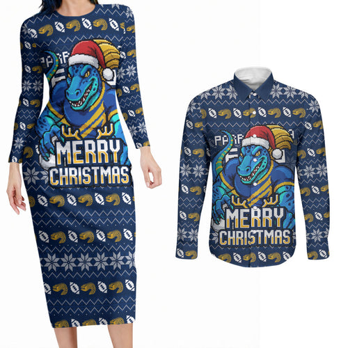 Personalized Parramatta Eels Christmas Couples Matching Long Sleeve Bodycon Dress and Long Sleeve Button Shirt Australian Rugby Fans - Pixelated Ugly Xmas Pattern Mascot Santa
