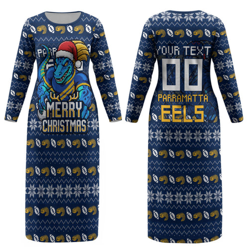 Personalized Parramatta Eels Christmas Couples Matching Long Sleeve Bodycon Dress and Long Sleeve Button Shirt Australian Rugby Fans - Pixelated Ugly Xmas Pattern Mascot Santa