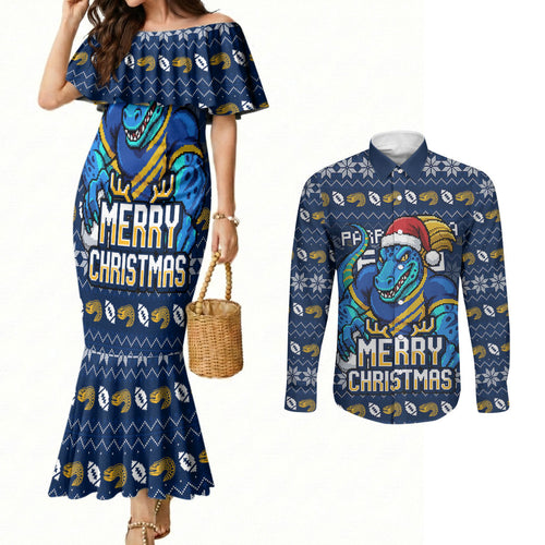 Personalized Parramatta Eels Christmas Couples Matching Mermaid Dress and Long Sleeve Button Shirt Australian Rugby Fans - Pixelated Ugly Xmas Pattern Mascot Santa