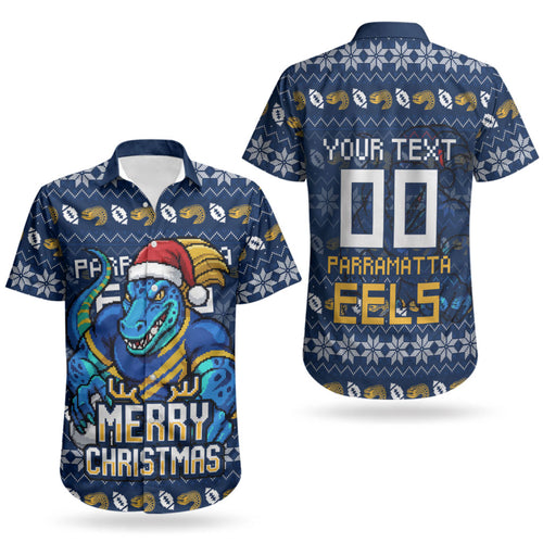 Personalized Parramatta Eels Christmas Couples Matching Off Shoulder Maxi Dress and Hawaiian Shirt Australian Rugby Fans - Pixelated Ugly Xmas Pattern Mascot Santa