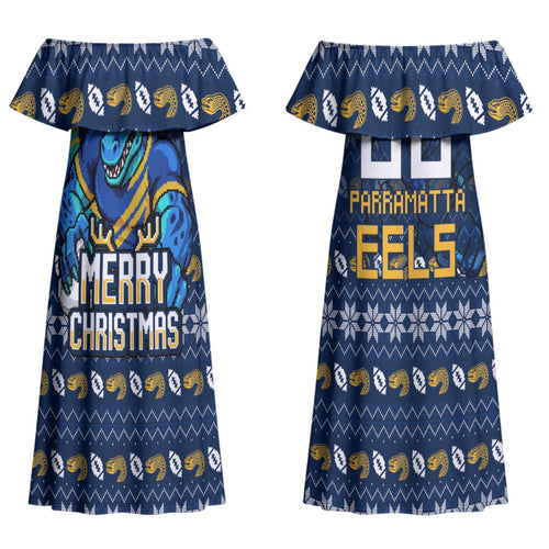 Personalized Parramatta Eels Christmas Couples Matching Off Shoulder Maxi Dress and Hawaiian Shirt Australian Rugby Fans - Pixelated Ugly Xmas Pattern Mascot Santa