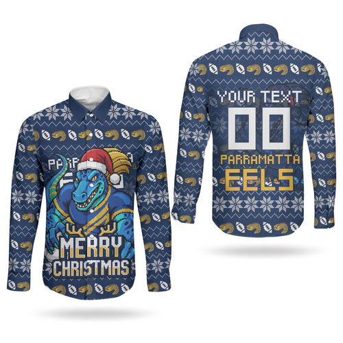 Personalized Parramatta Eels Christmas Couples Matching Off Shoulder Maxi Dress and Long Sleeve Button Shirt Australian Rugby Fans - Pixelated Ugly Xmas Pattern Mascot Santa