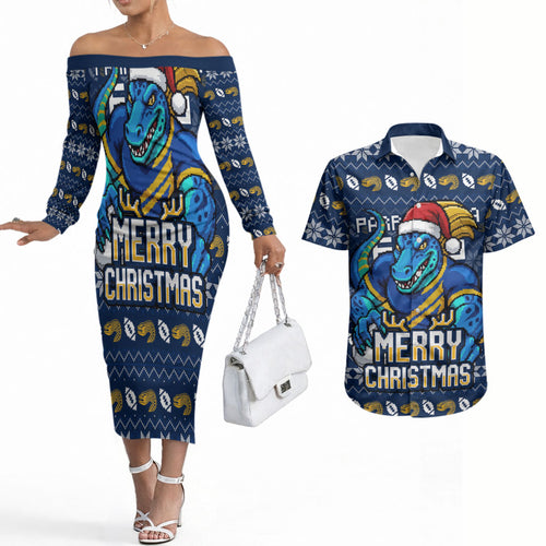 Personalized Parramatta Eels Christmas Couples Matching Off The Shoulder Long Sleeve Dress and Hawaiian Shirt Australian Rugby Fans - Pixelated Ugly Xmas Pattern Mascot Santa