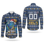 Personalized Parramatta Eels Christmas Couples Matching Off The Shoulder Long Sleeve Dress and Long Sleeve Button Shirt Australian Rugby Fans - Pixelated Ugly Xmas Pattern Mascot Santa