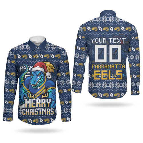 Personalized Parramatta Eels Christmas Couples Matching Off The Shoulder Long Sleeve Dress and Long Sleeve Button Shirt Australian Rugby Fans - Pixelated Ugly Xmas Pattern Mascot Santa