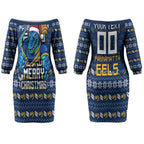 Personalized Parramatta Eels Christmas Couples Matching Off The Shoulder Long Sleeve Dress and Long Sleeve Button Shirt Australian Rugby Fans - Pixelated Ugly Xmas Pattern Mascot Santa