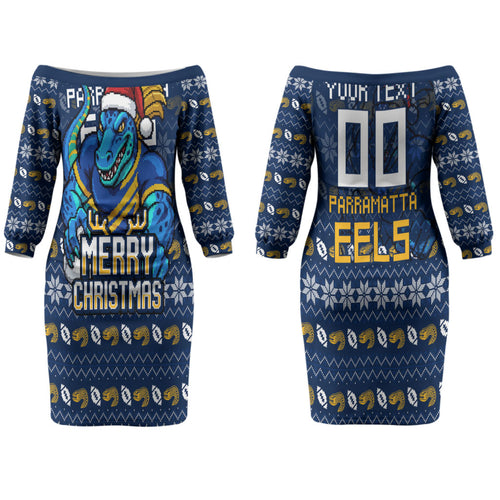 Personalized Parramatta Eels Christmas Couples Matching Off The Shoulder Long Sleeve Dress and Long Sleeve Button Shirt Australian Rugby Fans - Pixelated Ugly Xmas Pattern Mascot Santa