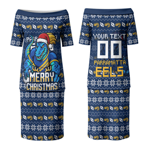 Personalized Parramatta Eels Christmas Couples Matching Puletasi and Hawaiian Shirt Australian Rugby Fans - Pixelated Ugly Xmas Pattern Mascot Santa