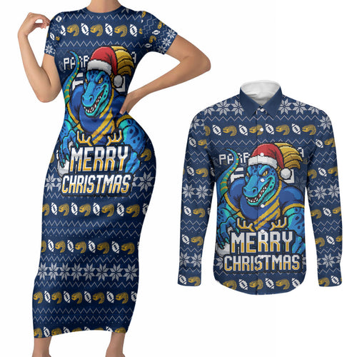 Personalized Parramatta Eels Christmas Couples Matching Short Sleeve Bodycon Dress and Long Sleeve Button Shirt Australian Rugby Fans - Pixelated Ugly Xmas Pattern Mascot Santa