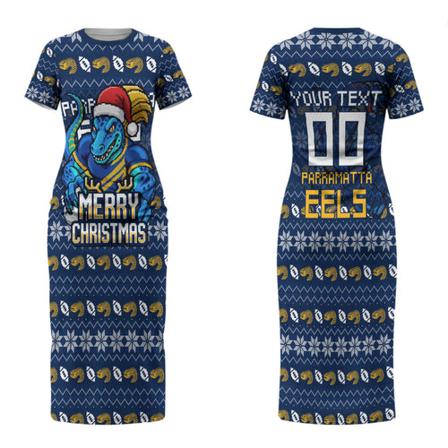 Personalized Parramatta Eels Christmas Couples Matching Short Sleeve Bodycon Dress and Long Sleeve Button Shirt Australian Rugby Fans - Pixelated Ugly Xmas Pattern Mascot Santa