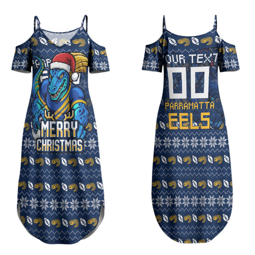 Personalized Parramatta Eels Christmas Couples Matching Summer Maxi Dress and Hawaiian Shirt Australian Rugby Fans - Pixelated Ugly Xmas Pattern Mascot Santa