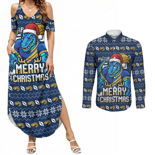 Personalized Parramatta Eels Christmas Couples Matching Summer Maxi Dress and Long Sleeve Button Shirt Australian Rugby Fans - Pixelated Ugly Xmas Pattern Mascot Santa