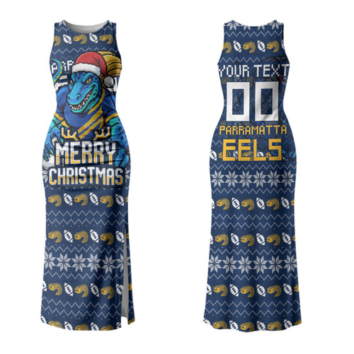 Personalized Parramatta Eels Christmas Couples Matching Tank Maxi Dress and Long Sleeve Button Shirt Australian Rugby Fans - Pixelated Ugly Xmas Pattern Mascot Santa