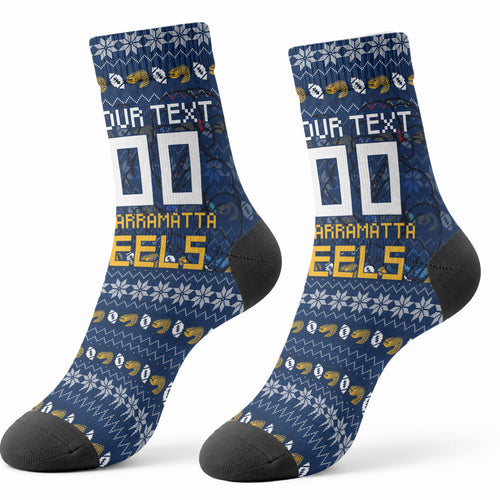 Personalized Parramatta Eels Christmas Crew Socks Australian Rugby Fans - Pixelated Ugly Xmas Pattern Mascot Santa