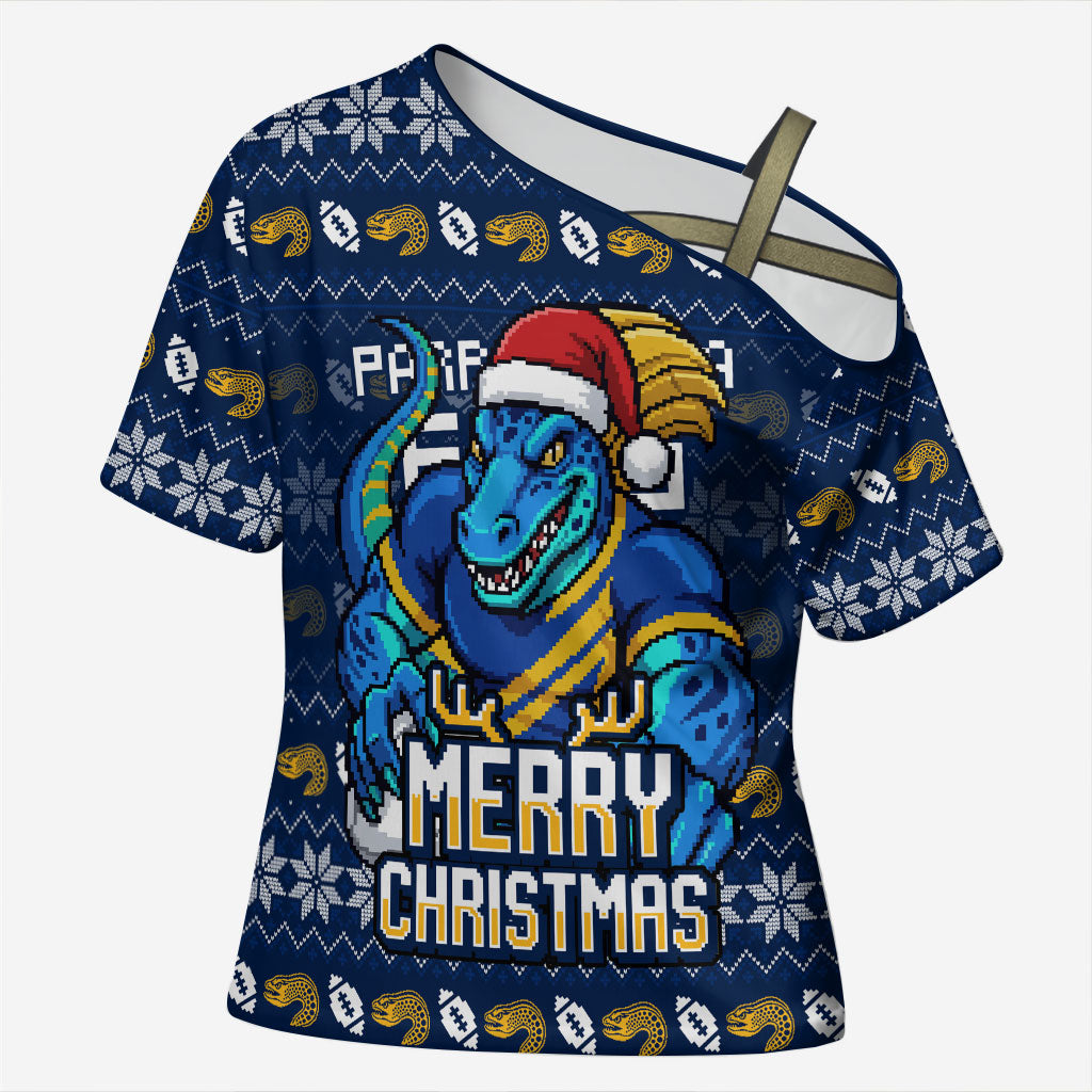 Personalized Parramatta Eels Christmas Cross Shoulder Shirt Australian Rugby Fans - Pixelated Ugly Xmas Pattern Mascot Santa