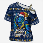 Personalized Parramatta Eels Christmas Cross Shoulder Shirt Australian Rugby Fans - Pixelated Ugly Xmas Pattern Mascot Santa