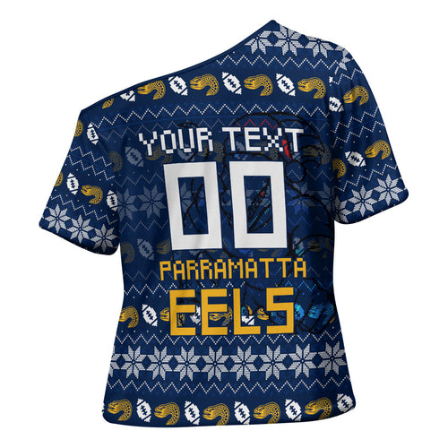 Personalized Parramatta Eels Christmas Cross Shoulder Shirt Australian Rugby Fans - Pixelated Ugly Xmas Pattern Mascot Santa
