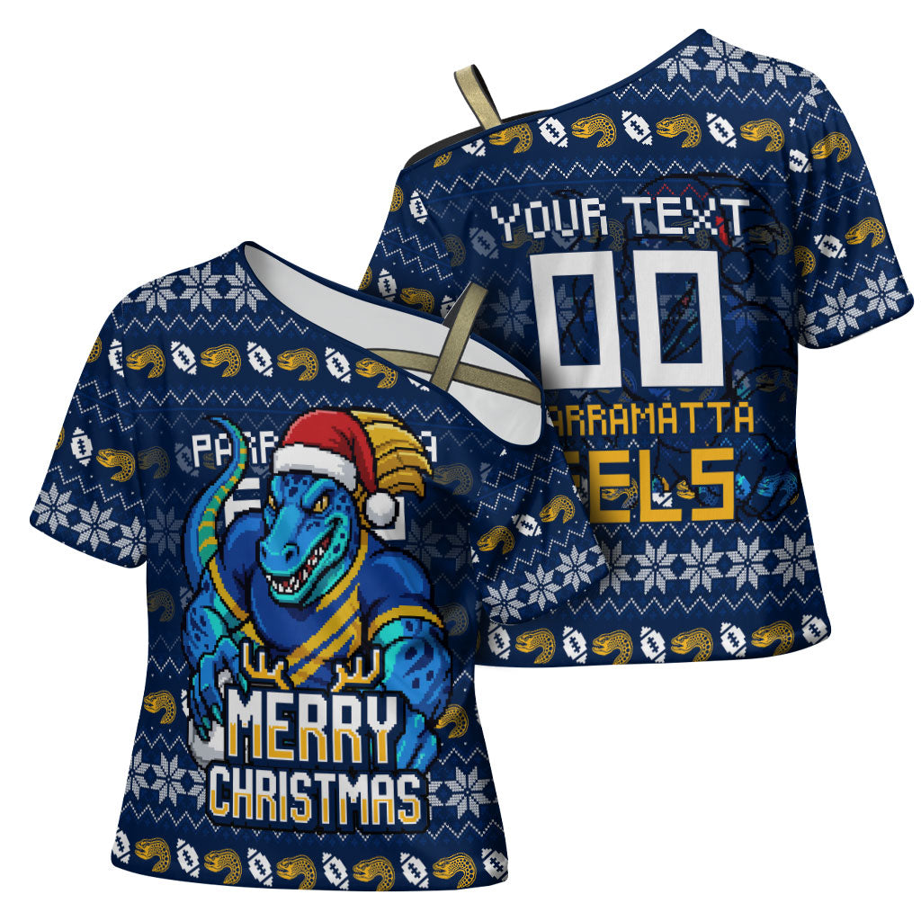 Personalized Parramatta Eels Christmas Cross Shoulder Shirt Australian Rugby Fans - Pixelated Ugly Xmas Pattern Mascot Santa