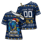 Personalized Parramatta Eels Christmas Cross Shoulder Shirt Australian Rugby Fans - Pixelated Ugly Xmas Pattern Mascot Santa