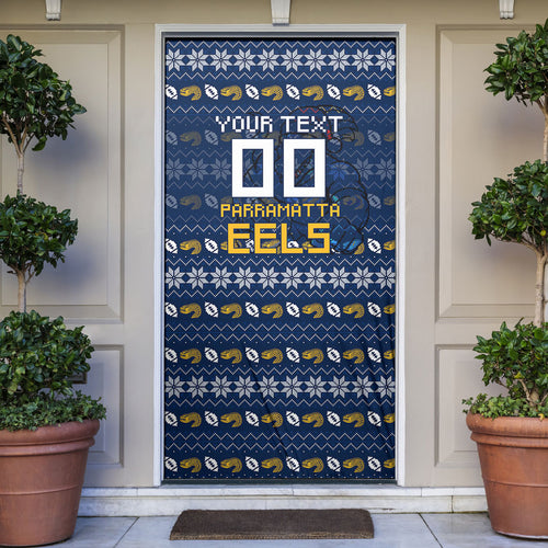 Personalized Parramatta Eels Christmas Door Cover Australian Rugby Fans - Pixelated Ugly Xmas Pattern Mascot Santa