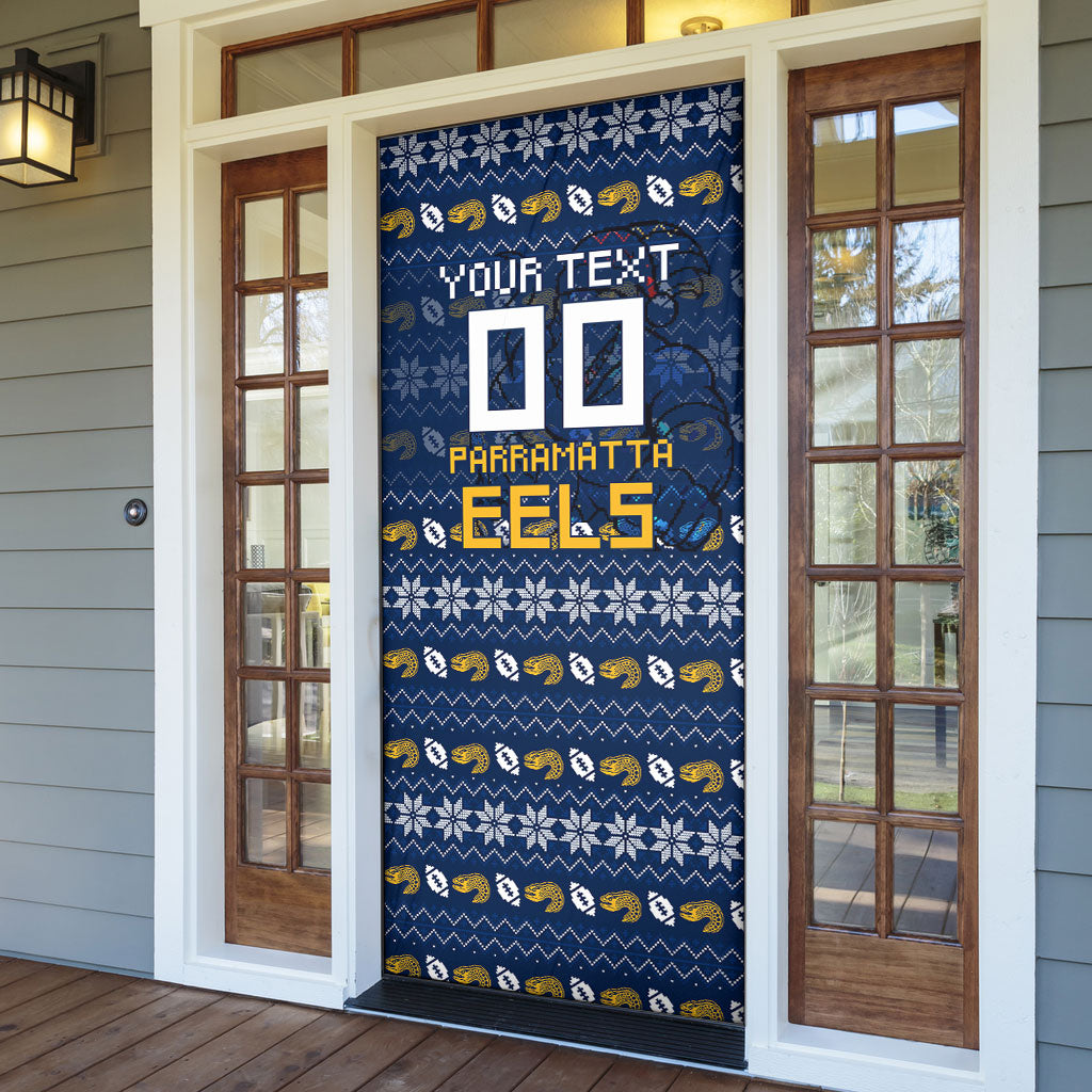 Personalized Parramatta Eels Christmas Door Cover Australian Rugby Fans - Pixelated Ugly Xmas Pattern Mascot Santa