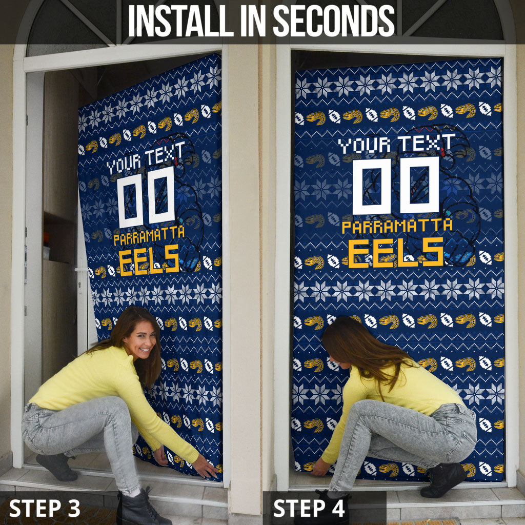 Personalized Parramatta Eels Christmas Door Cover Australian Rugby Fans - Pixelated Ugly Xmas Pattern Mascot Santa
