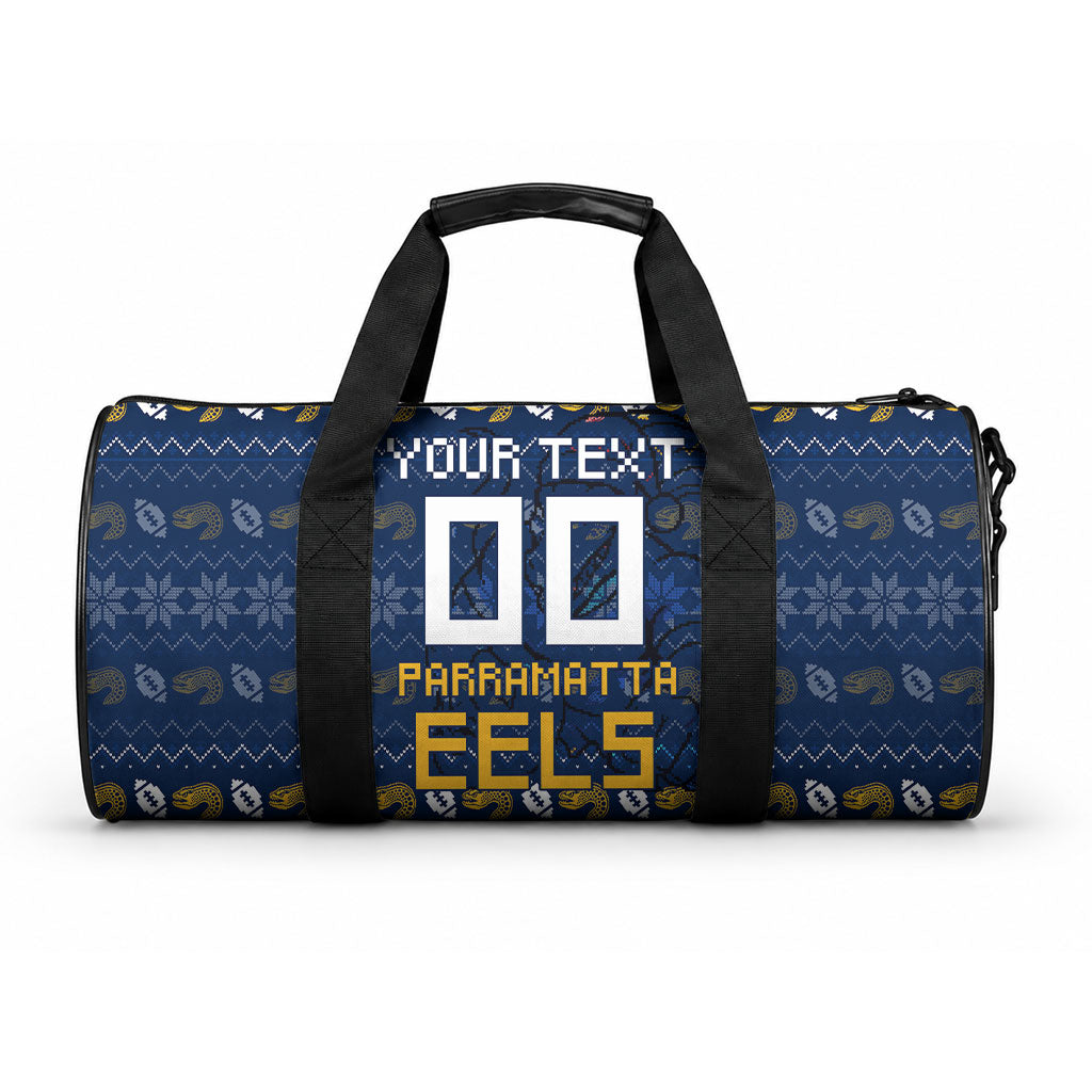 Personalized Parramatta Eels Christmas Duffle Bag Australian Rugby Fans - Pixelated Ugly Xmas Pattern Mascot Santa