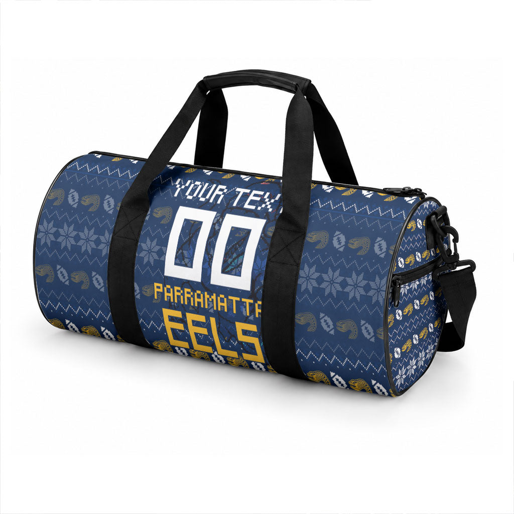 Personalized Parramatta Eels Christmas Duffle Bag Australian Rugby Fans - Pixelated Ugly Xmas Pattern Mascot Santa
