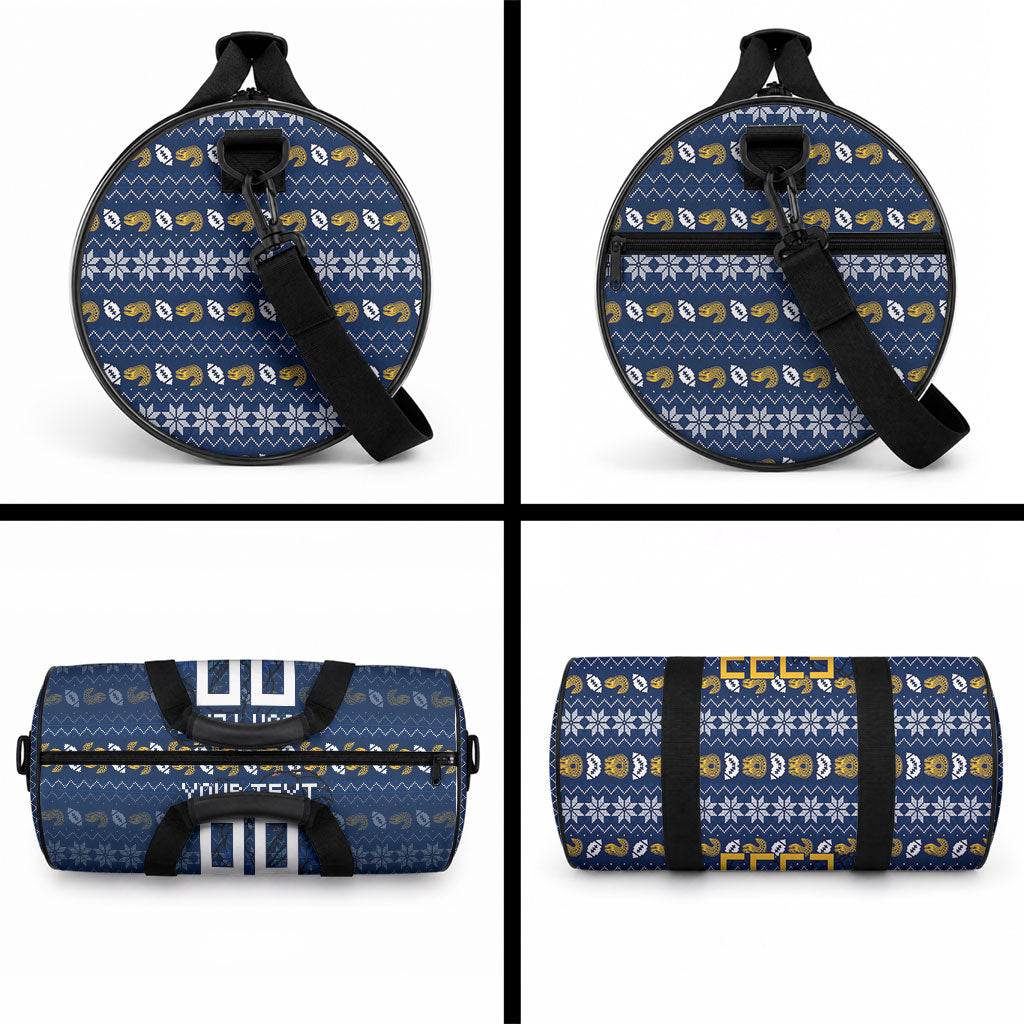 Personalized Parramatta Eels Christmas Duffle Bag Australian Rugby Fans - Pixelated Ugly Xmas Pattern Mascot Santa